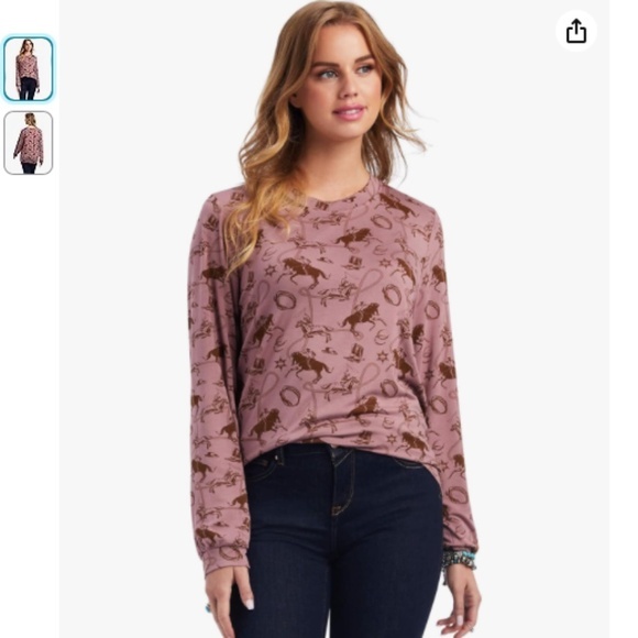 Ariat Tops - ARIAT Women's Shirt Roping Long Sleeve Top Graphic Print Mauve Bandit Town Print